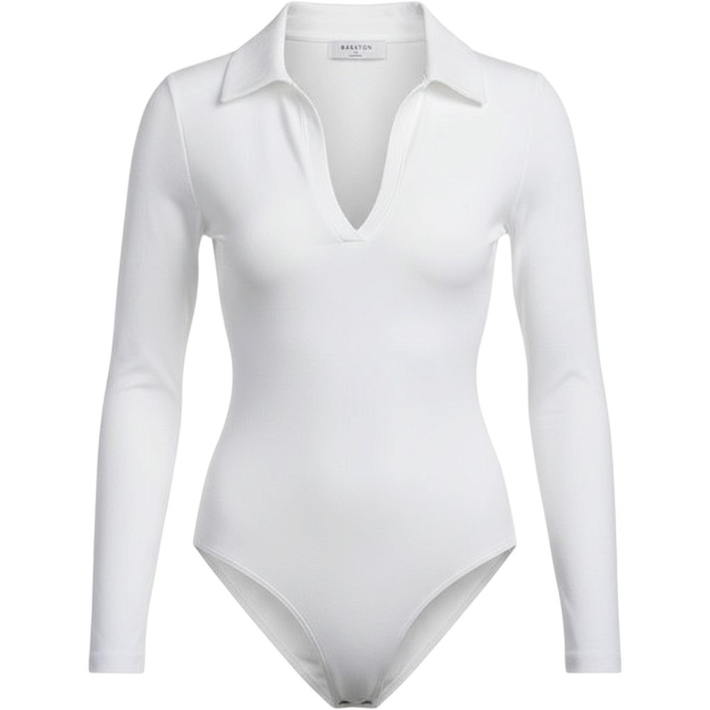 Aritzia Babaton White Bodysuit Contour Polo Long Sleeve‎ Deep V Minimalist Small